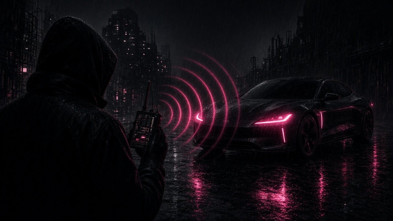 A car at night under neon light, its key-fob signal being intercepted as glowing radio waves